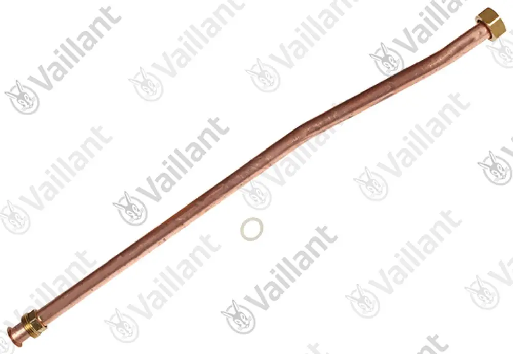 Kupferrohr von Vaillant mit zwei Befestigungsmuttern und Dichtung, geeignet für Heizungs- oder Warmwasserinstallationen.